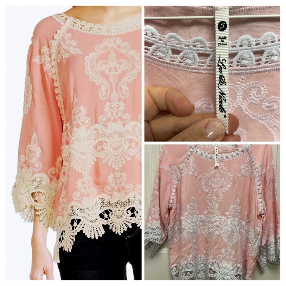 Leo & Nicole Pinky Peach and White Lace & Embroidered Top